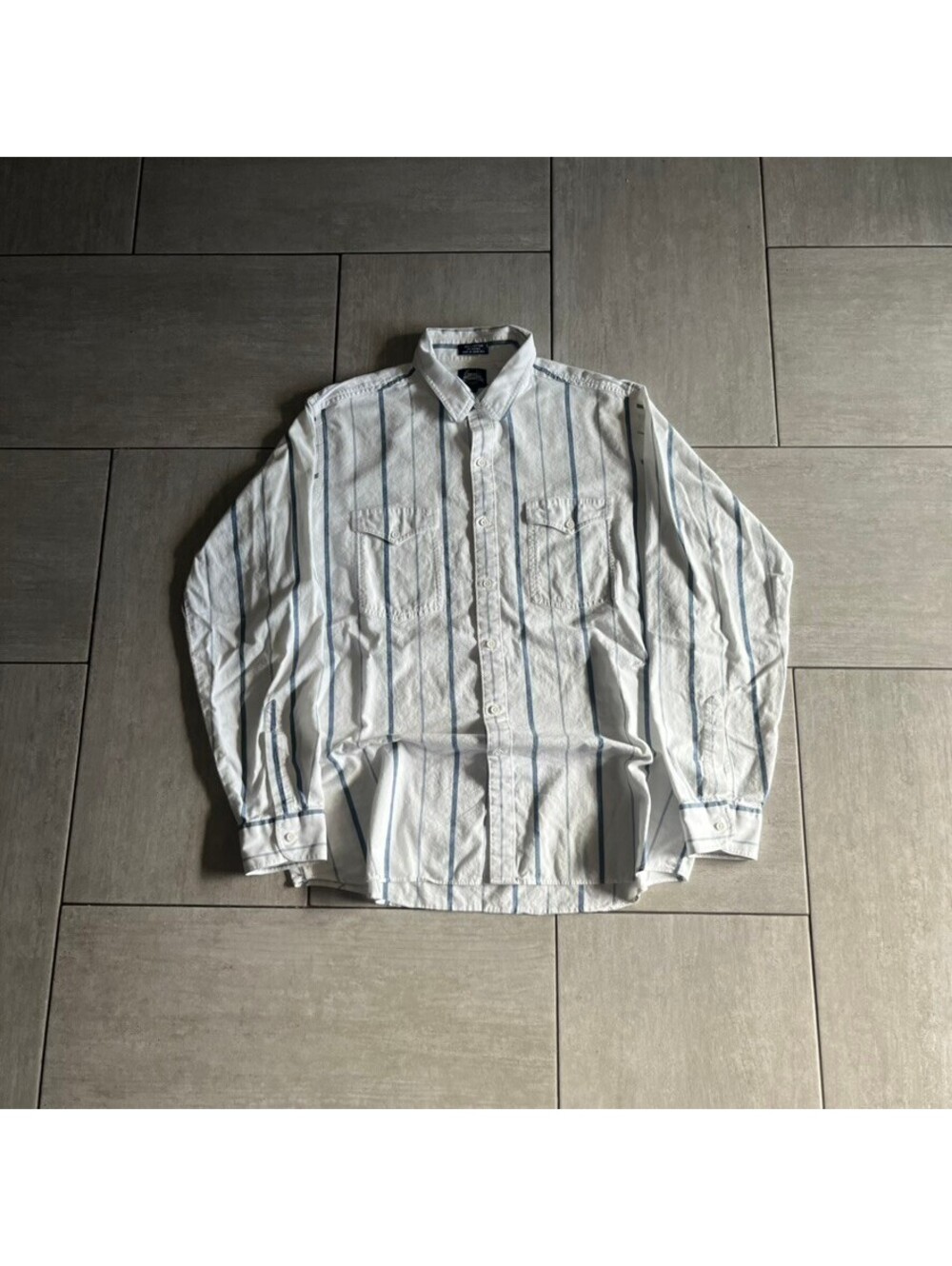 Vintage Lee Men's Large White Blue Striped Button-Up Shirt Cotton